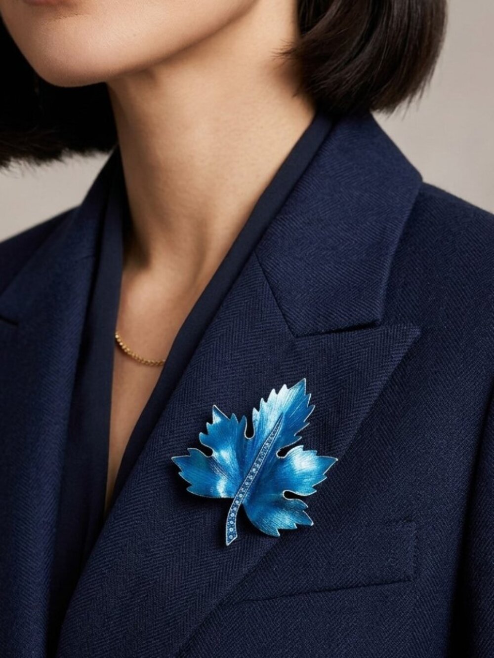 Blue Maple Leaf Brooch with Rhinestones